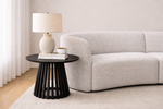 Load image into Gallery viewer, Living room with a grey sofa, black Freddy lamp table from Gatsby Living, and white lamp.
