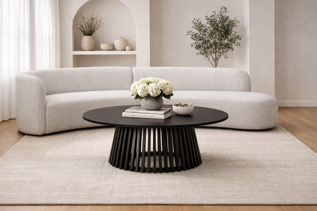 Modern living room with a white sofa, black Freddy coffee table from Gatsby Living, and decorative elements.