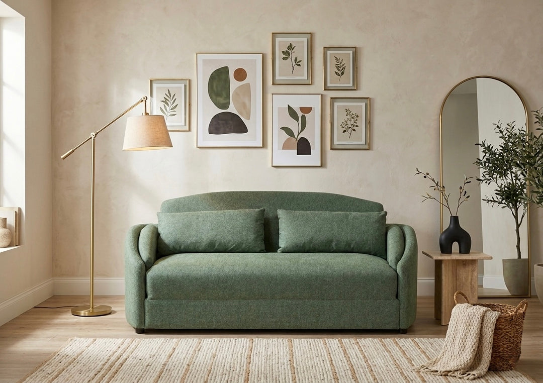 Green Myrtle sofa bed from Gatsby Living against neutral background